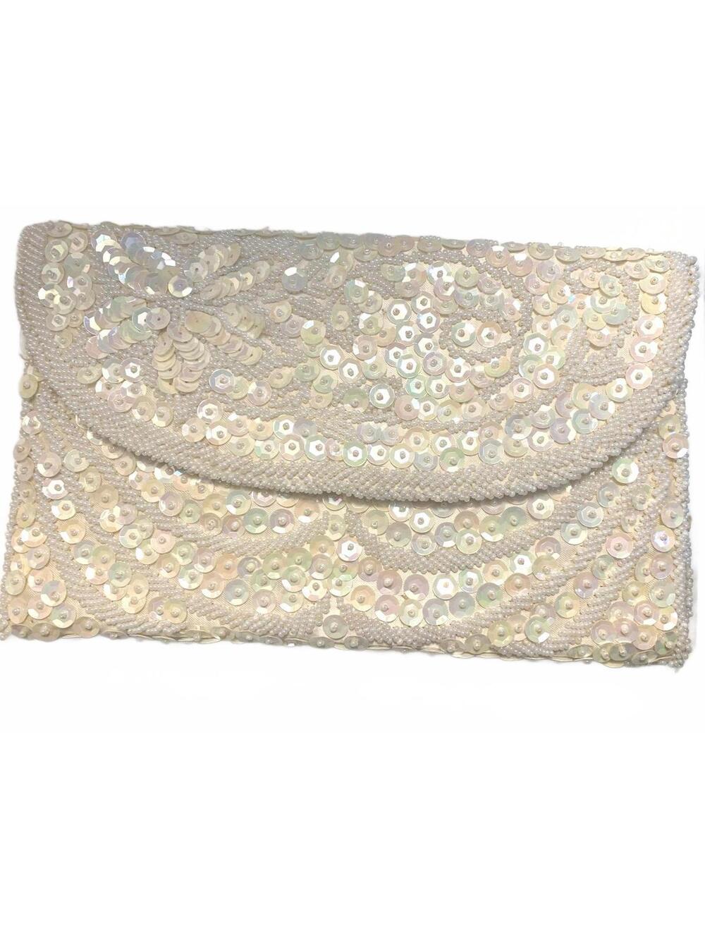 Vintage White Beaded Sequin Clutch Purse Handmade Bridal Evening Bag 1950s
